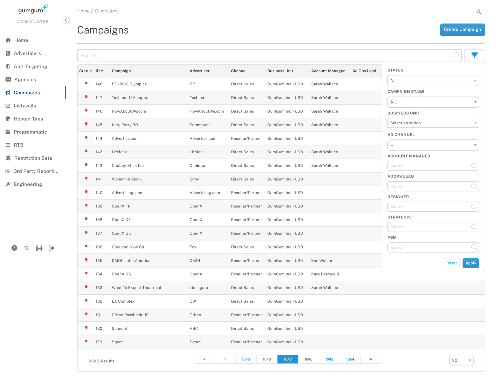 Rebuilt Ad Manager campaigns list with a clean table, unified filter panel, and consistent status indicators