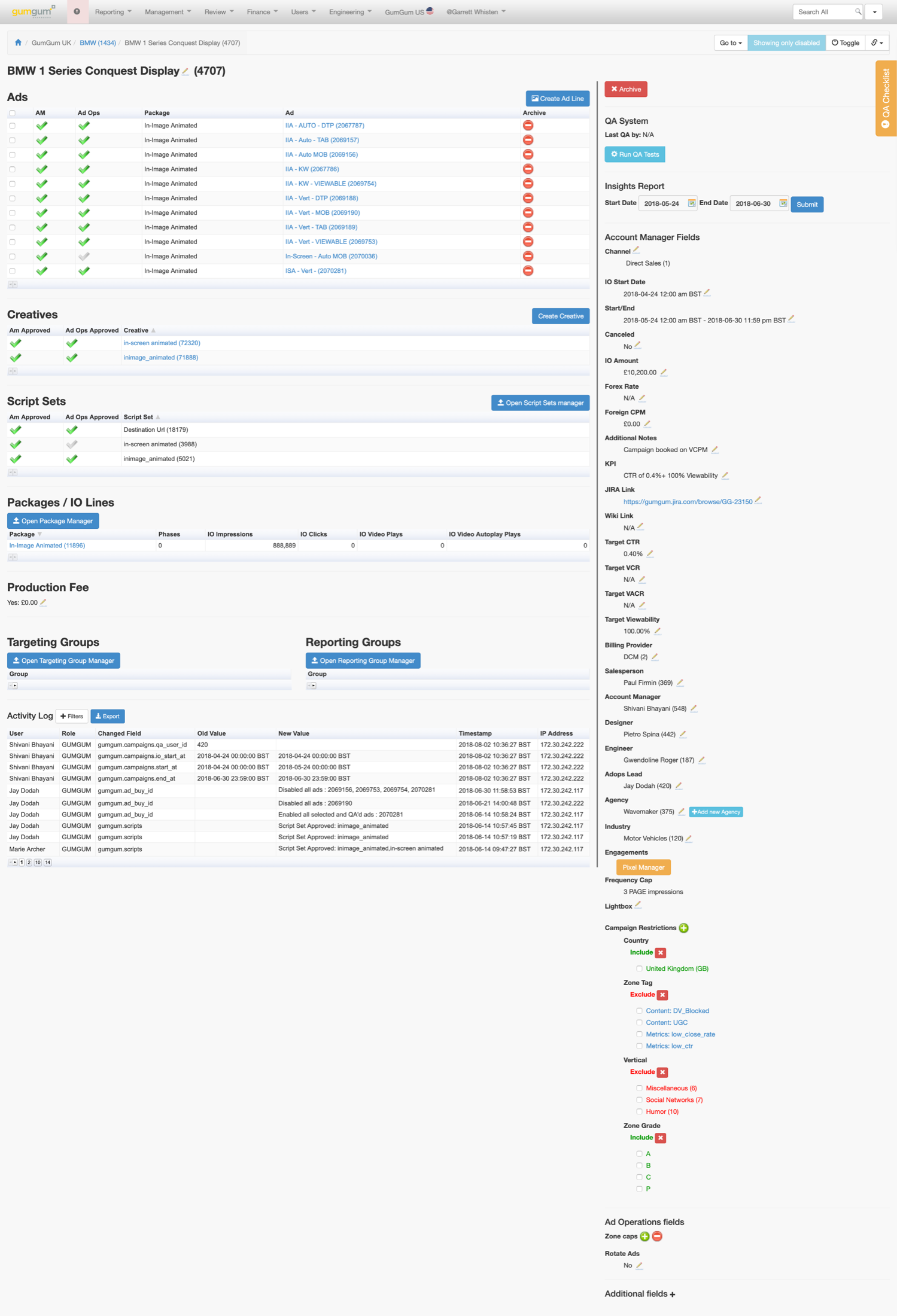 A single campaign detail page in the old Ad Manager, showing ads, creatives, script sets, packages, targeting groups, reporting groups, an activity log, and dozens of account manager fields on one screen