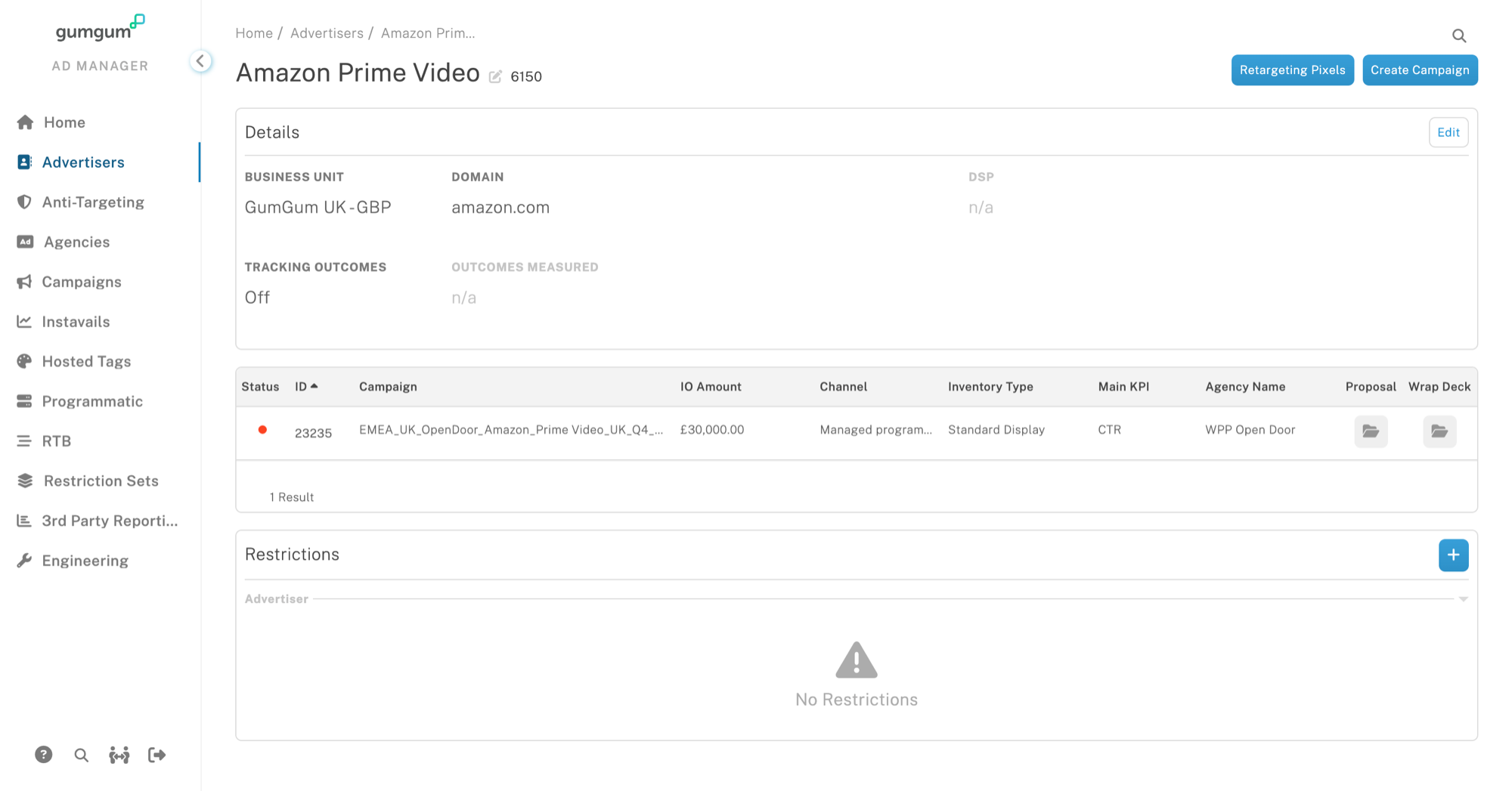 Rebuilt advertiser detail page for Amazon Prime Video with clear details, campaigns table, and restrictions sections