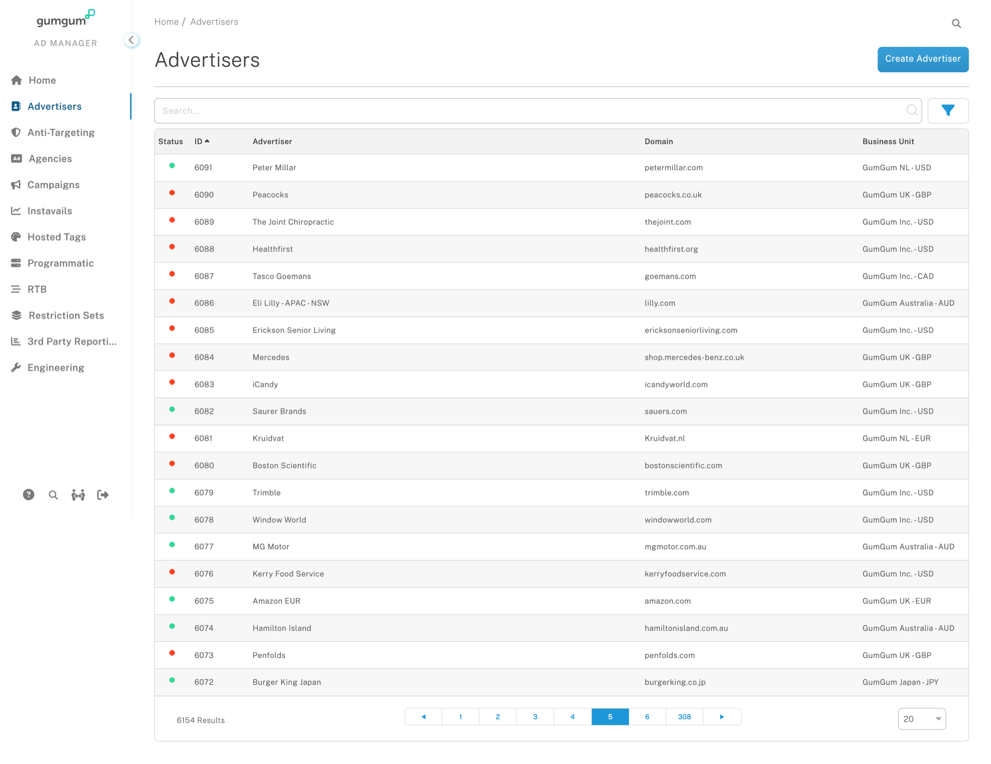 Rebuilt advertisers list showing status, advertiser, domain, and business unit columns with consistent table behavior