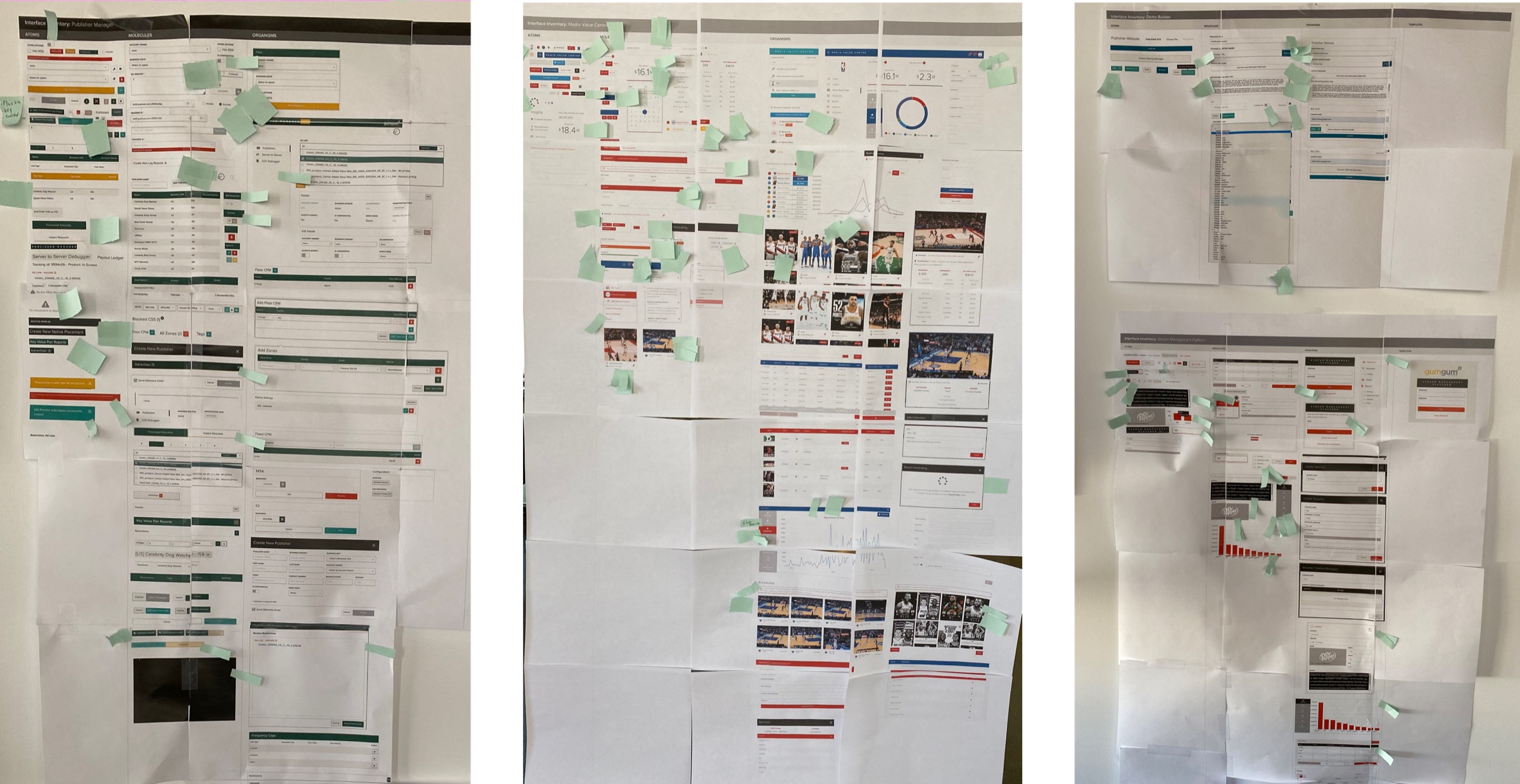 Printed application screens organized on a wall with color-coded sticky notes marking consolidation issues, consistency gaps, and workflow inefficiencies