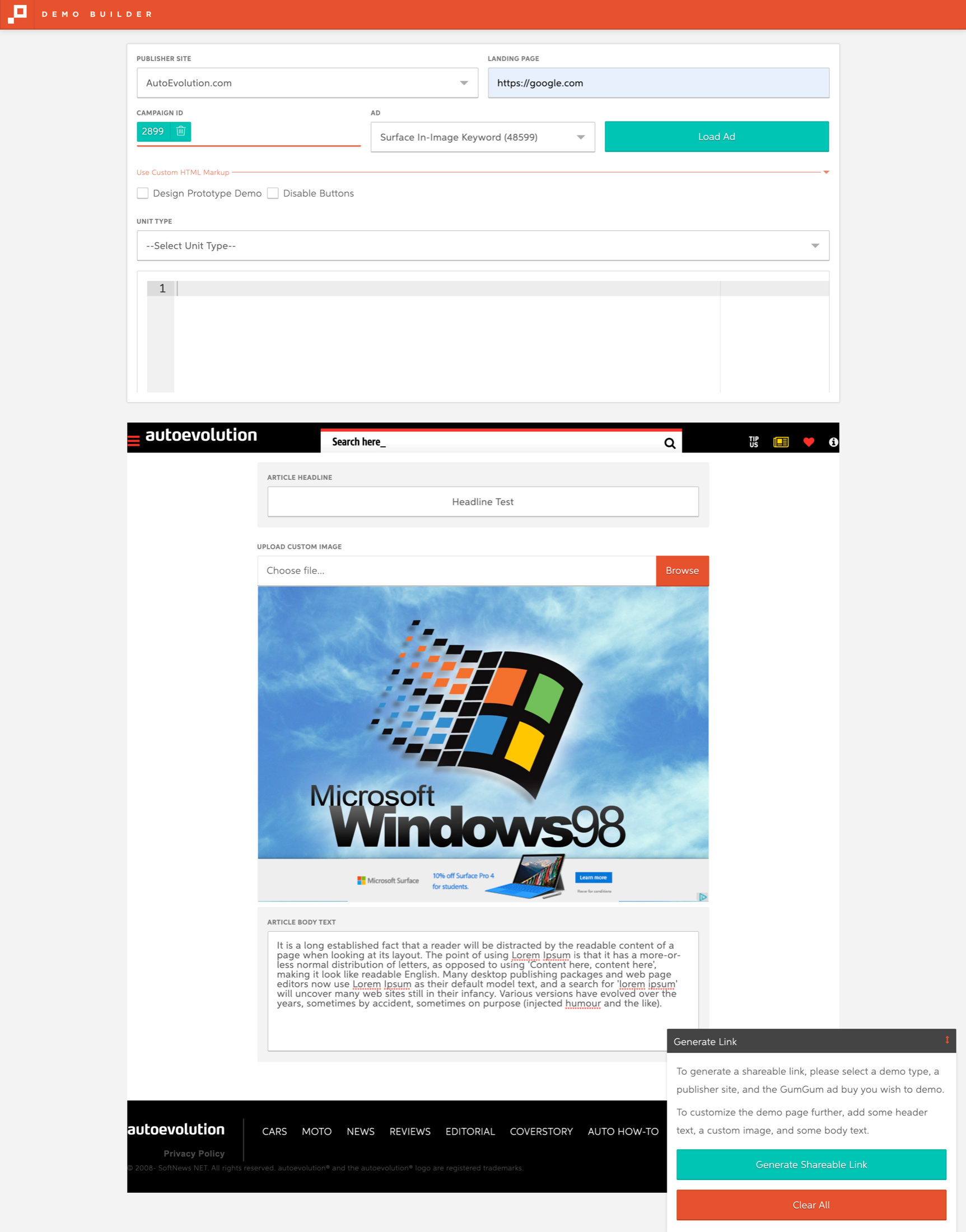 Demo Builder configuring a live ad demo on an automotive publisher page, with controls for publisher site, landing page, campaign, ad unit type, and shareable link generation