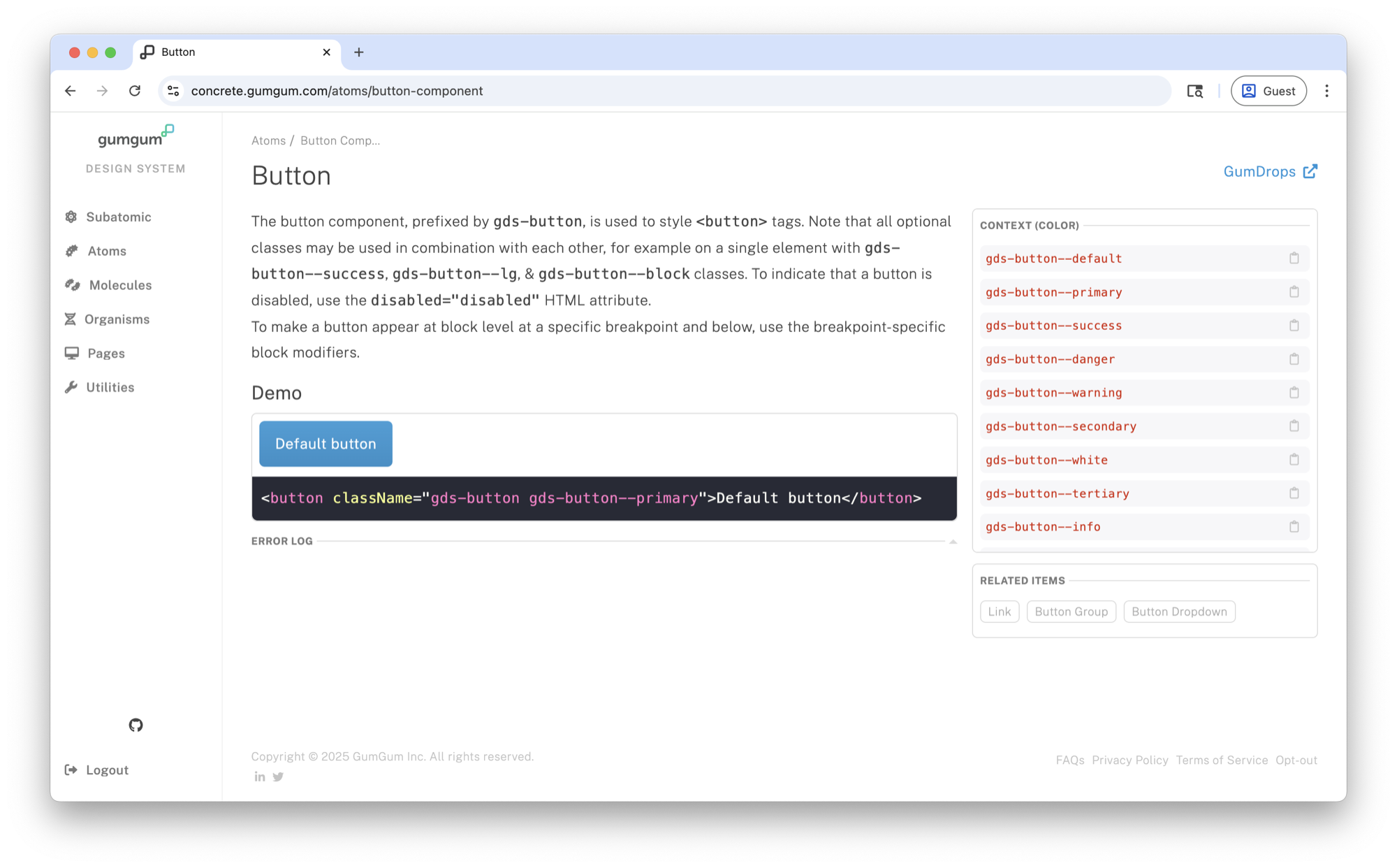 Concrete 2.0 design system documentation for the Button component with usage guidance, live demo, code sample, and theme tokens