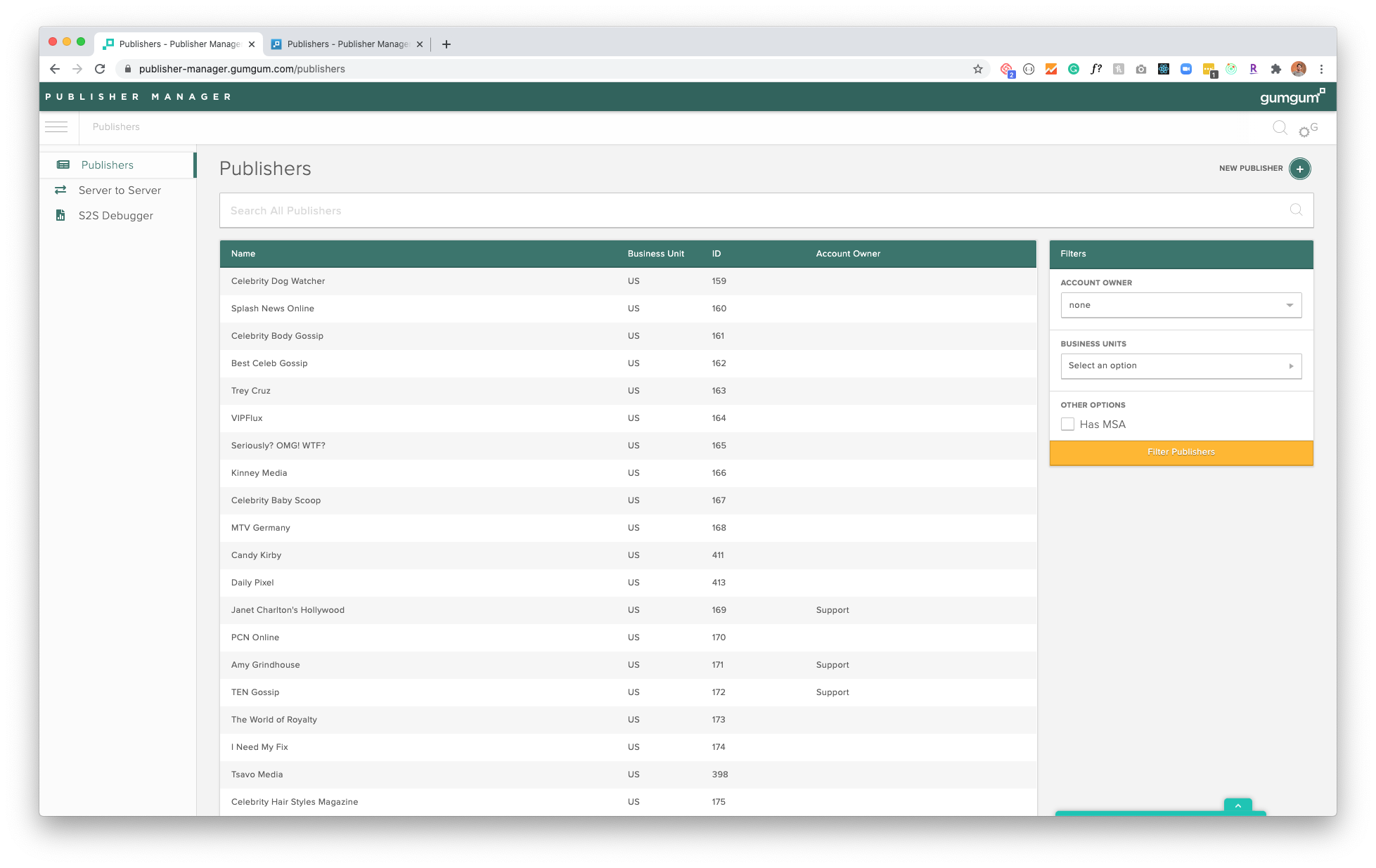 Publisher Manager application showing a searchable table of publishers with business units, IDs, account owners, and filter controls